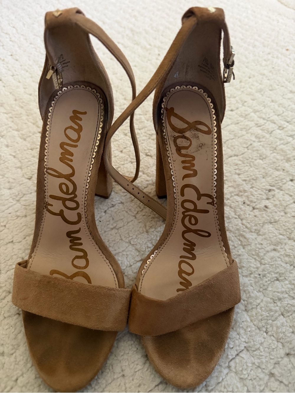 Sam Edelman Tan Suede Open-Toe Ankle-Strap Block Heels
